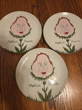 3 Vintage 70s Scully Nonsense Phattfacia Botanical Plates Kitsch Whimsical READ